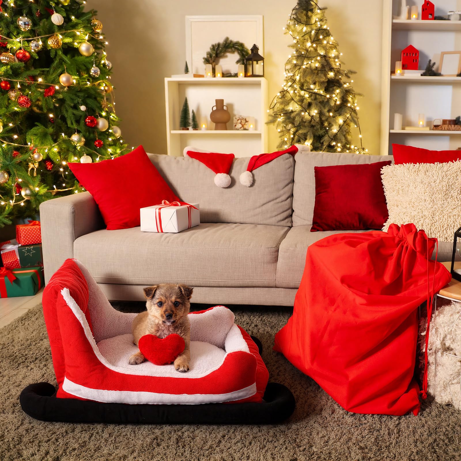 Beeveer Christmas Dog Bed Sleigh indoor fireplace scene emphasizes warm plush support.