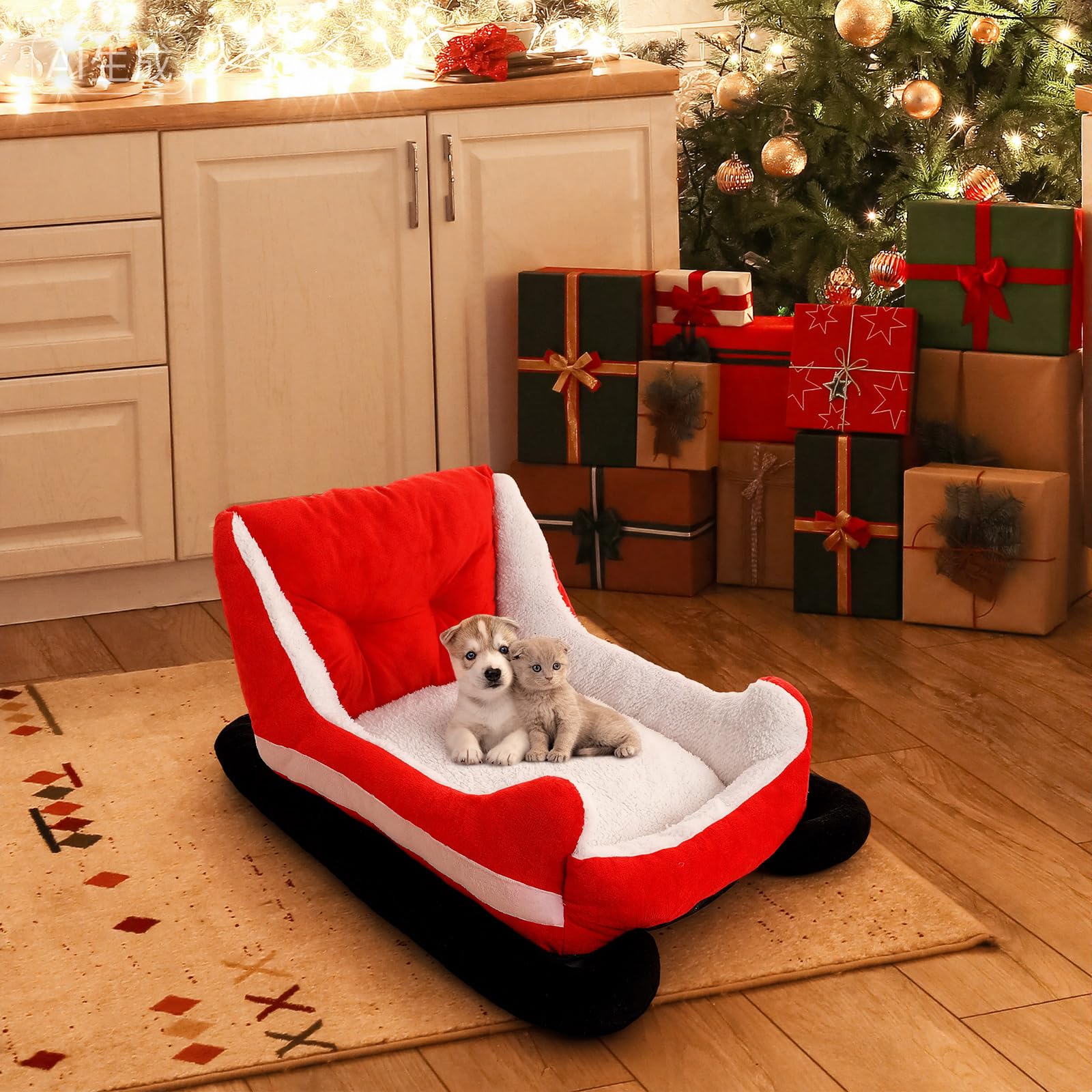 Beeveer Christmas Dog Bed Sleigh room scene blends festive decor with pet comfort.