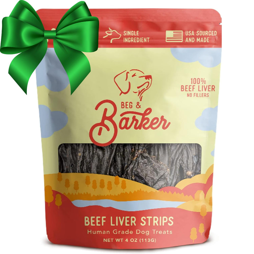 Beg & Barker beef liver jerky 4oz pack shows protein-packed training reward for dogs.