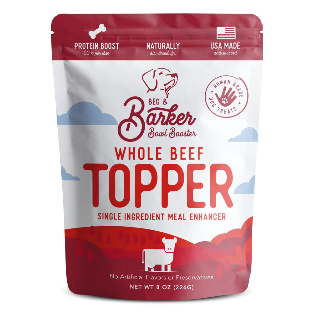 Beg & Barker beef toppers support flavorful meals for active dogs.