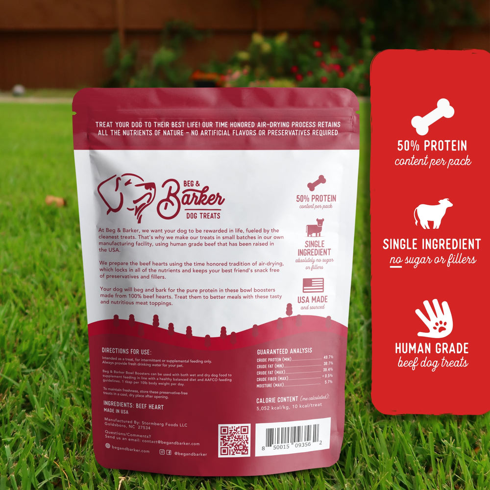 Beg & Barker beef toppers ingredient closeup highlights single-ingredient beef.