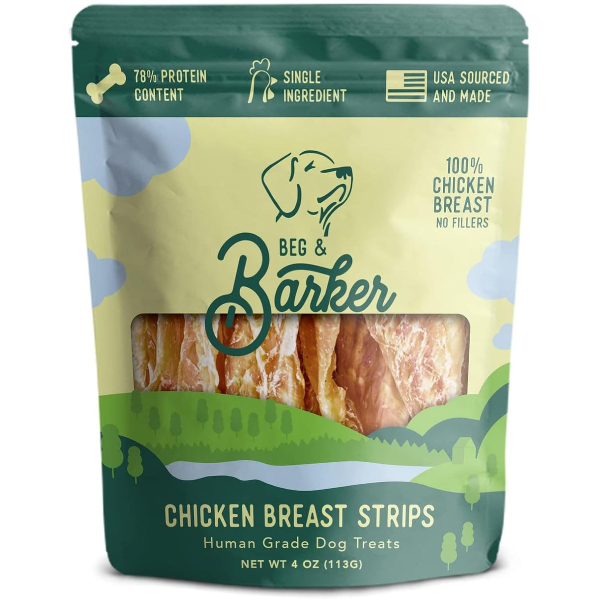 Beg & Barker chicken jerky packaging shown for convenient, store-ready rewards