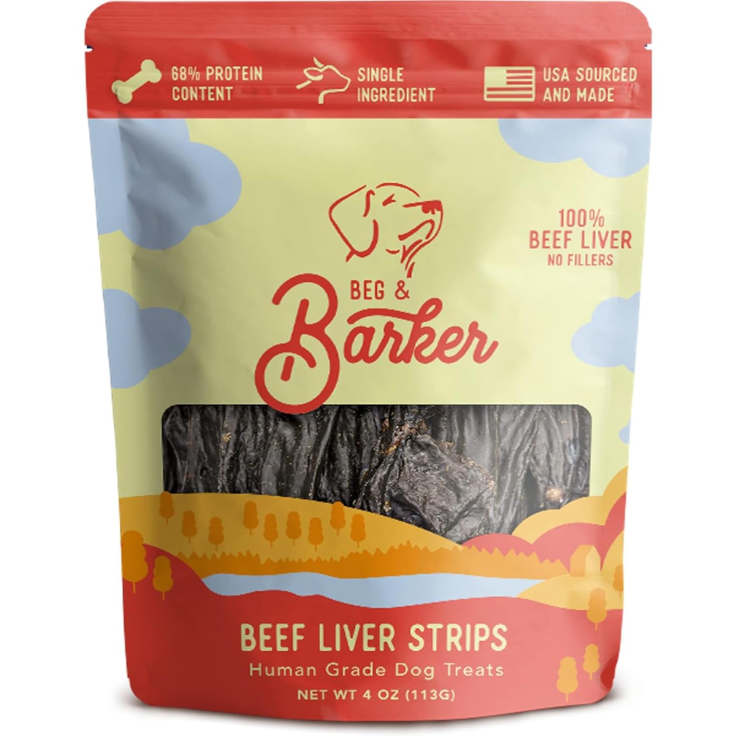 Beg & Barker grain-free liver jerky image implies suitability for sensitive stomachs.