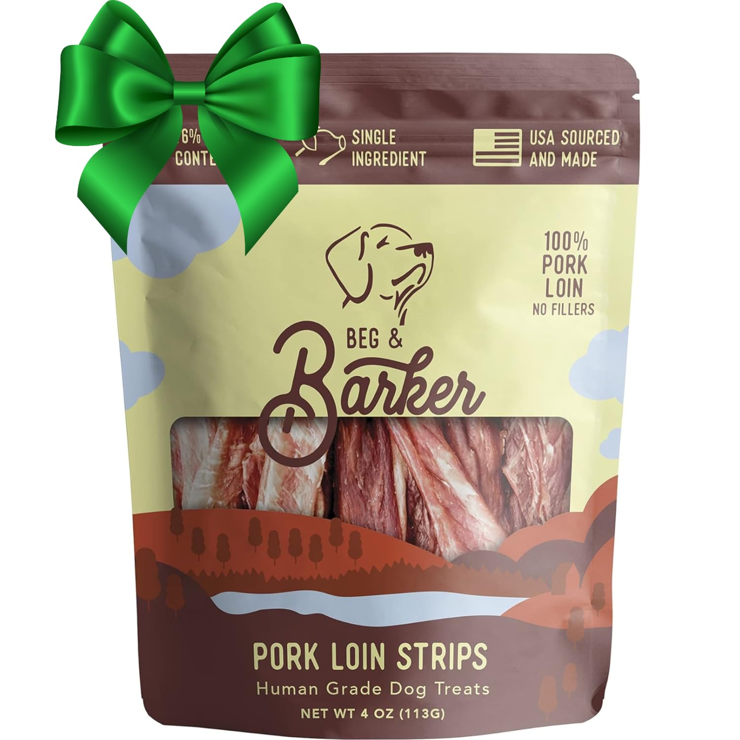 Beg & Barker pork jerky packaging—high-protein dog treats for training rewards.
