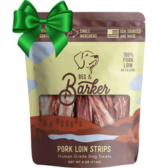 Beg & Barker pork jerky packaging—high-protein dog treats for training rewards.