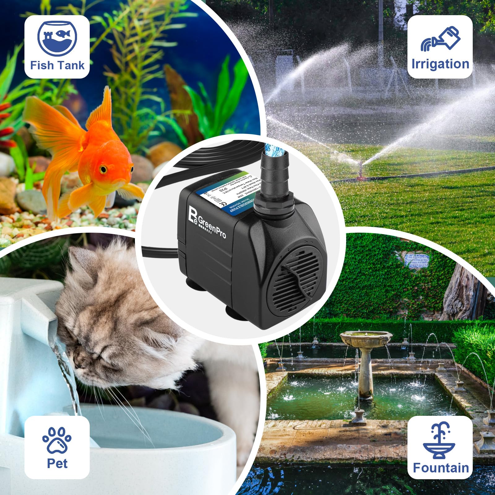 BeGreenPro fountain pump ideal for ponds, aquariums and hydroponics.