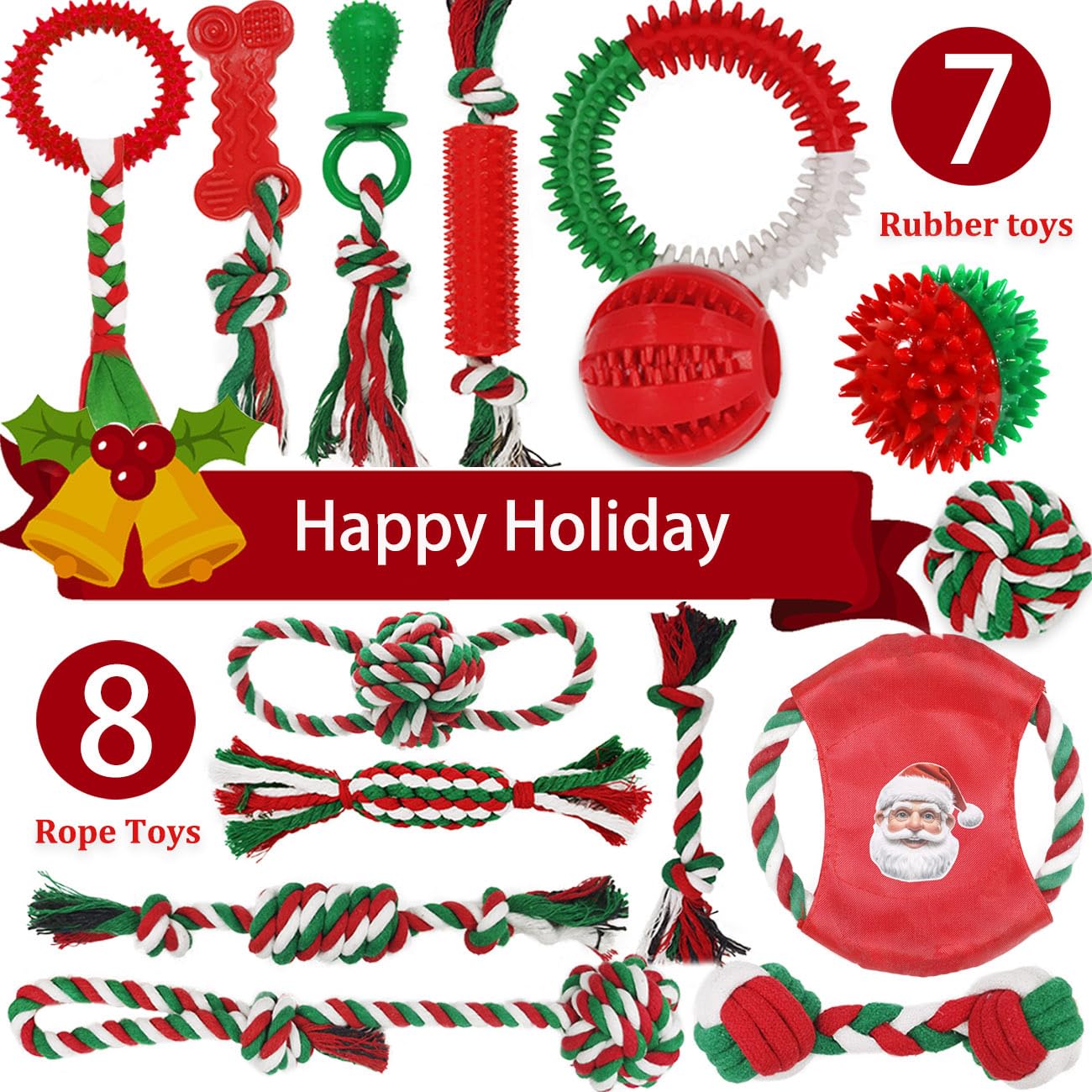 Beiker Christmas 15-pack unboxed set shows a mix of chew, rope, and squeak toys for interactive play.