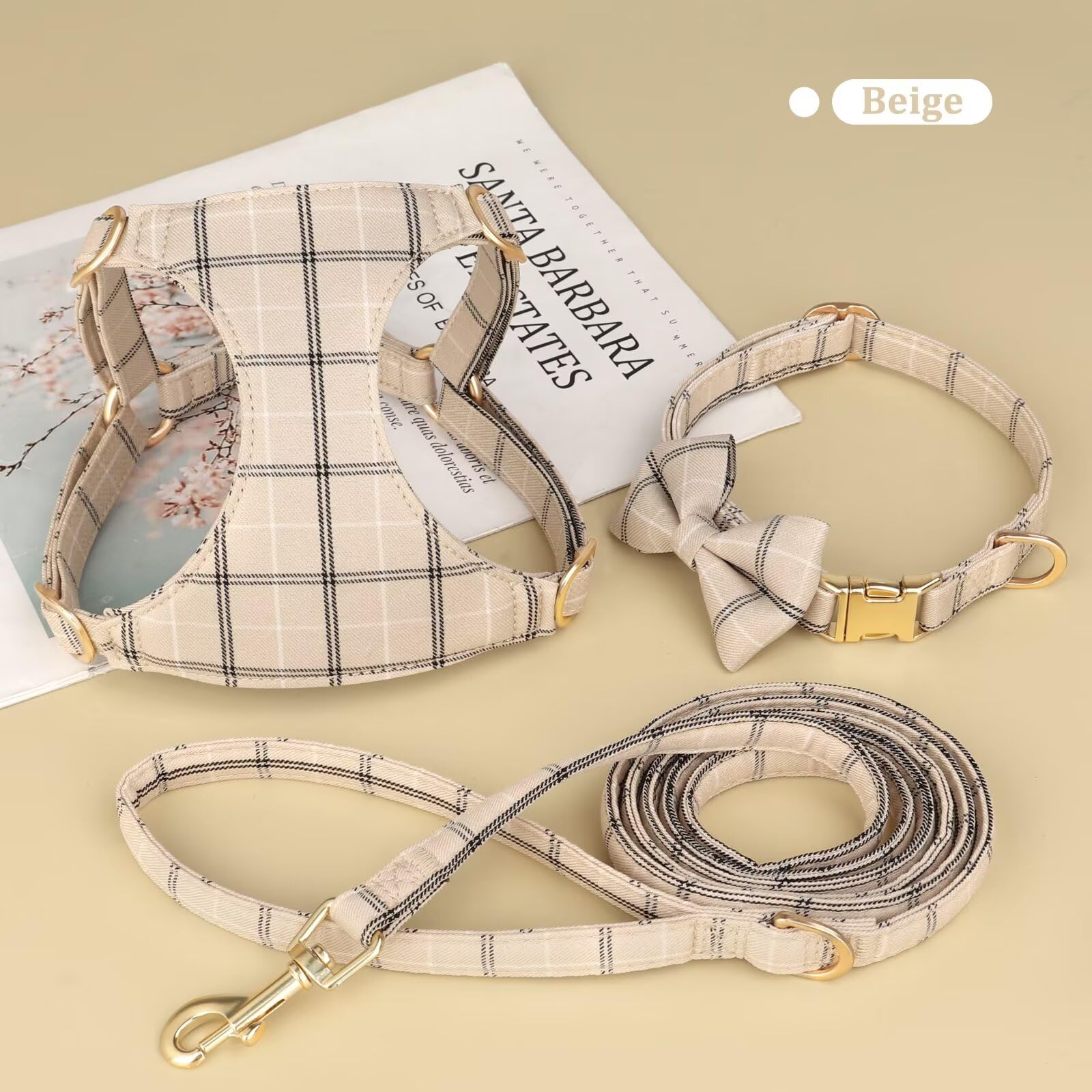 Beirui plaid dog harness closeup showing soft twill fabric