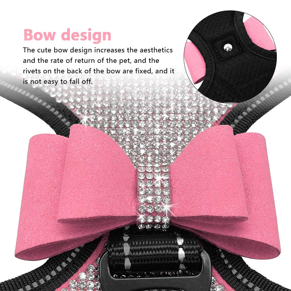 Beirui soft fleece padded dog harness back view with sparkle bow and breathable mesh