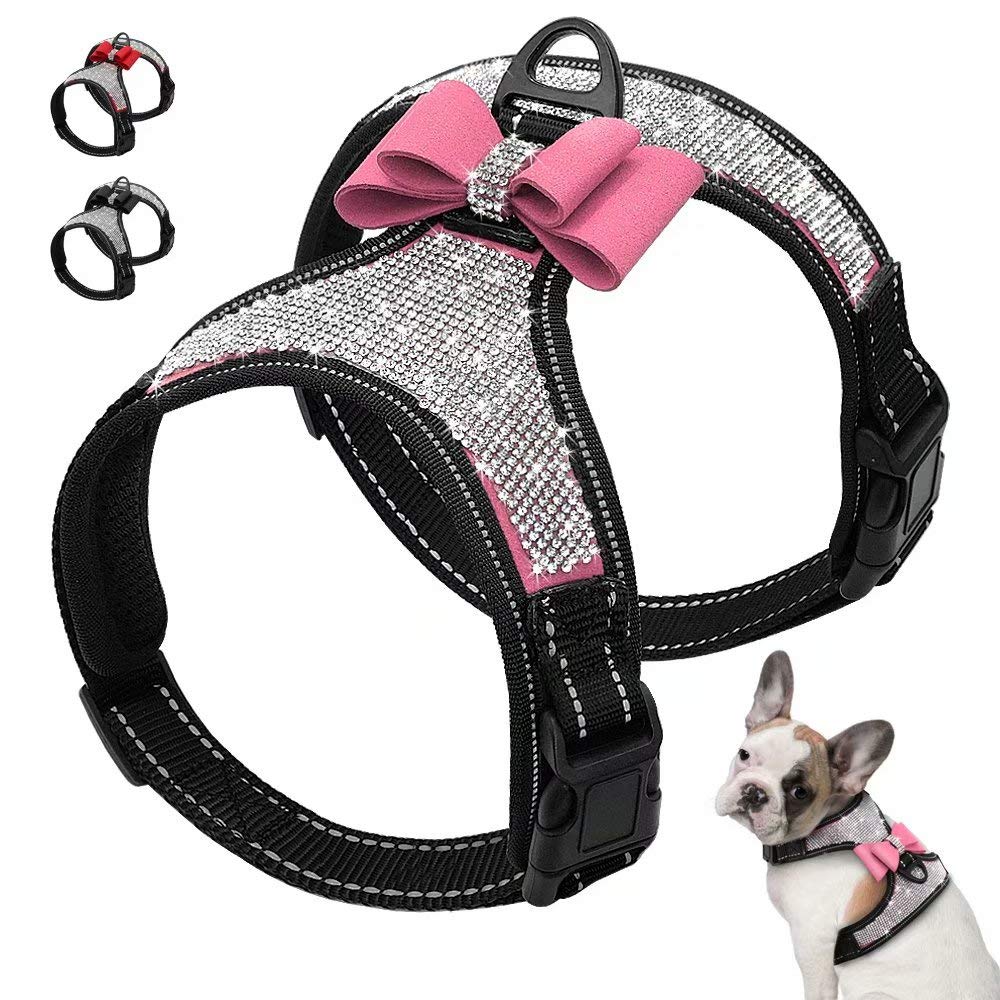 Beirui soft fleece padded dog harness front view with rhinestone bow for cute wear