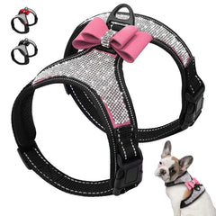Beirui soft fleece padded dog harness front view with rhinestone bow for cute wear