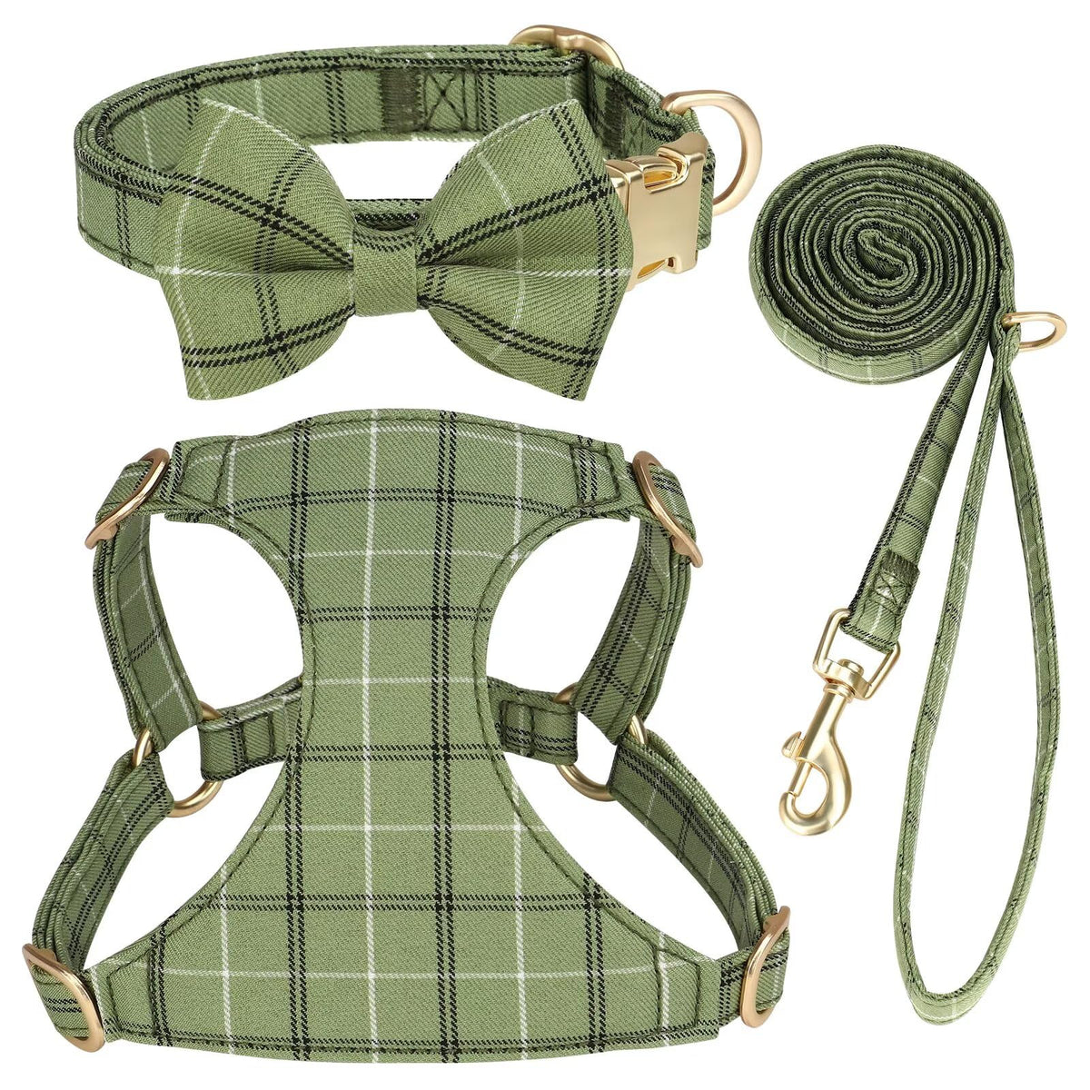Beirui XXS green plaid dog harness with bowtie, ideal for daily walks and photoshoots