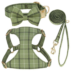 Beirui XXS green plaid dog harness with bowtie, ideal for daily walks and photoshoots