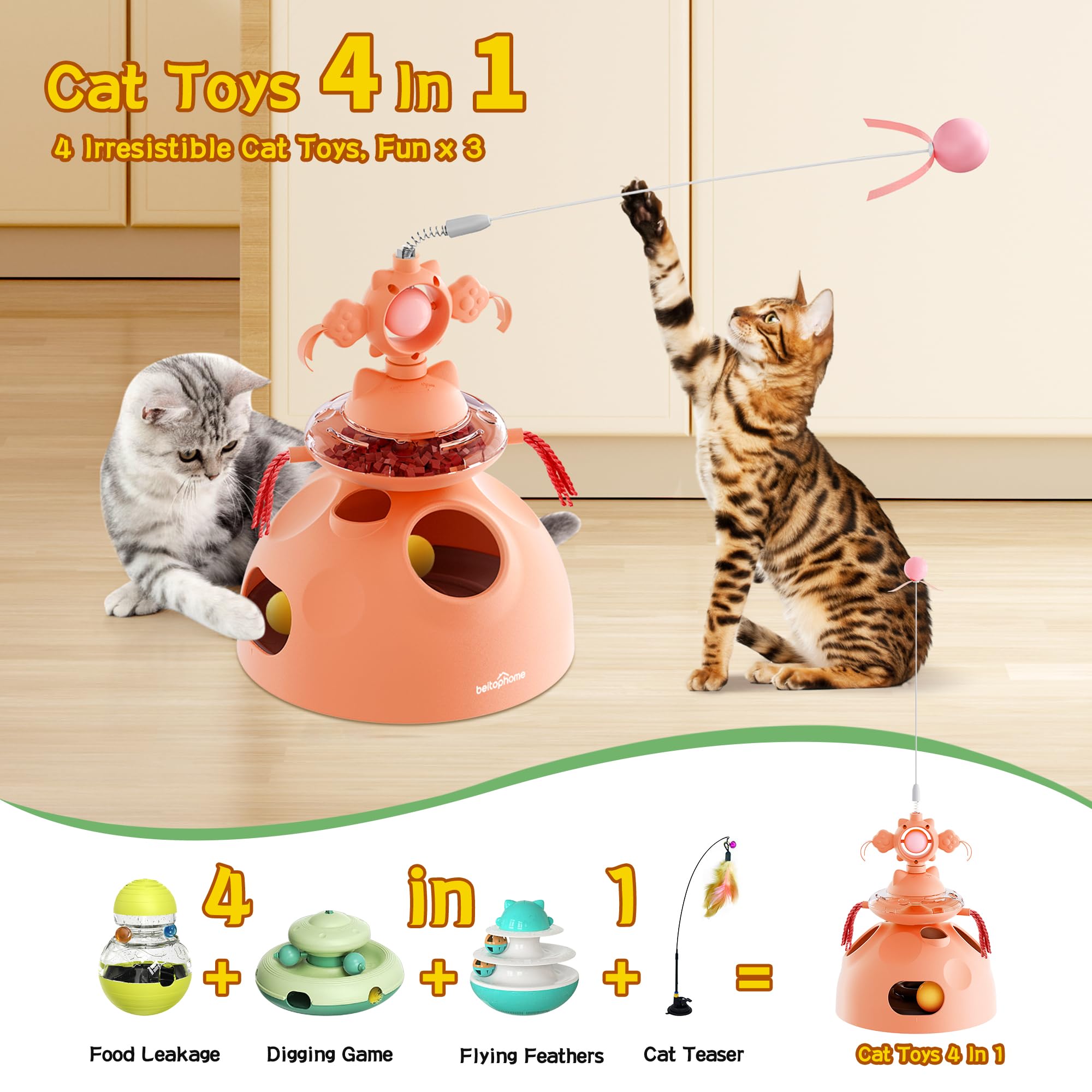 Beitophome 4-in-1 cat toy teaser wand sparks interactive fun and chase behavior.