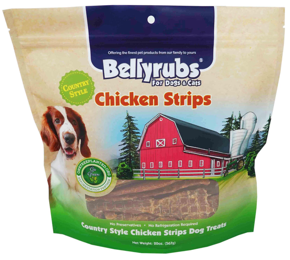 Bellyrubs country style chicken strips packaging shows a 20oz bag for training rewards