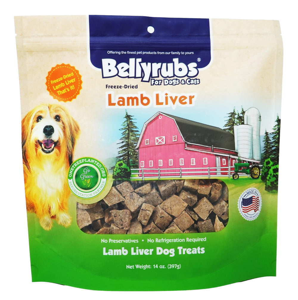 Bellyrubs freeze-dried lamb liver treats 14oz bag highlights high-protein, all-natural dog snack.