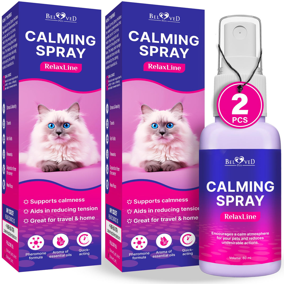 Beloved Pets calming pheromone spray bottle for cats promoting calm during travel.