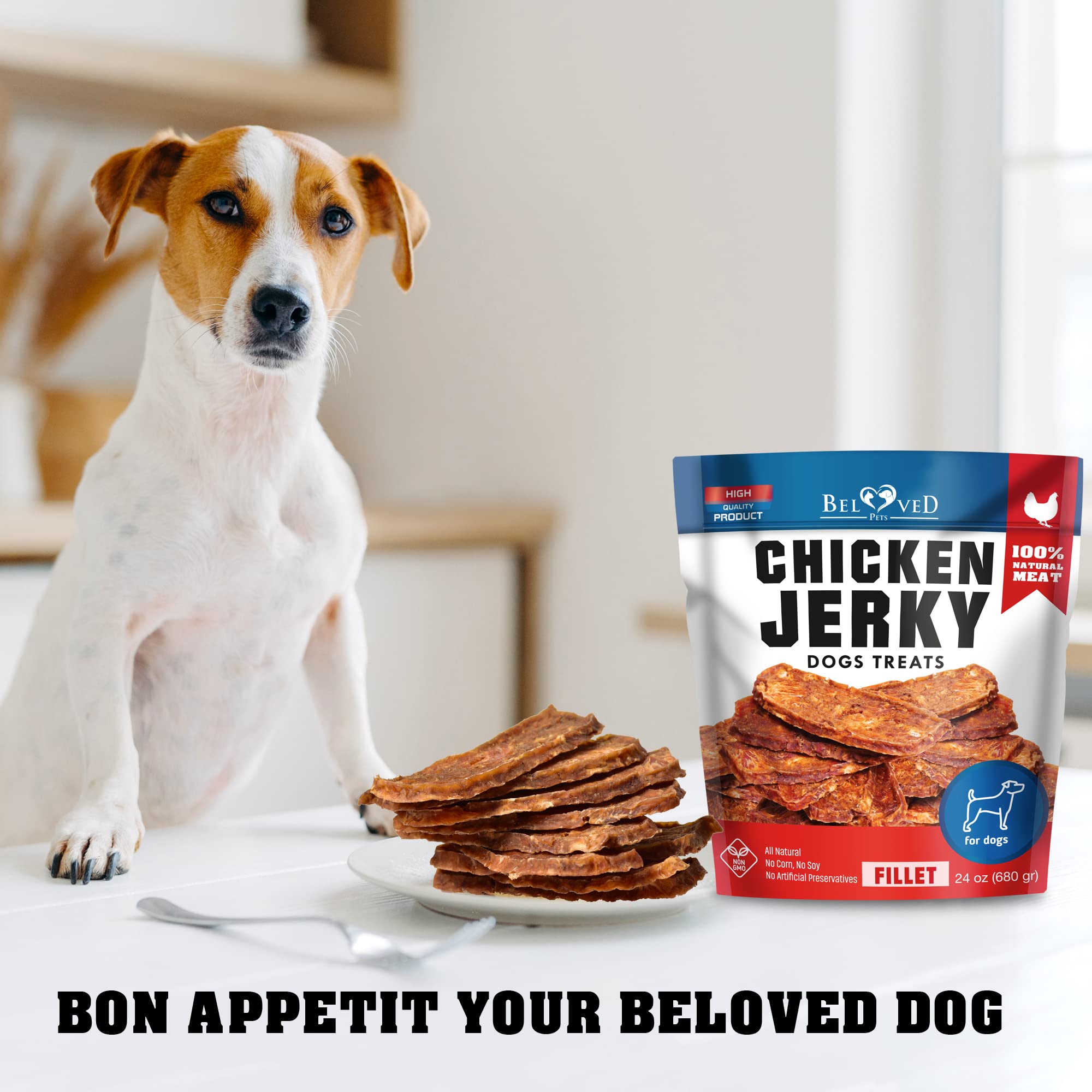 Beloved Pets Chicken Jerky bag displays on-the-go dog treats for travel.