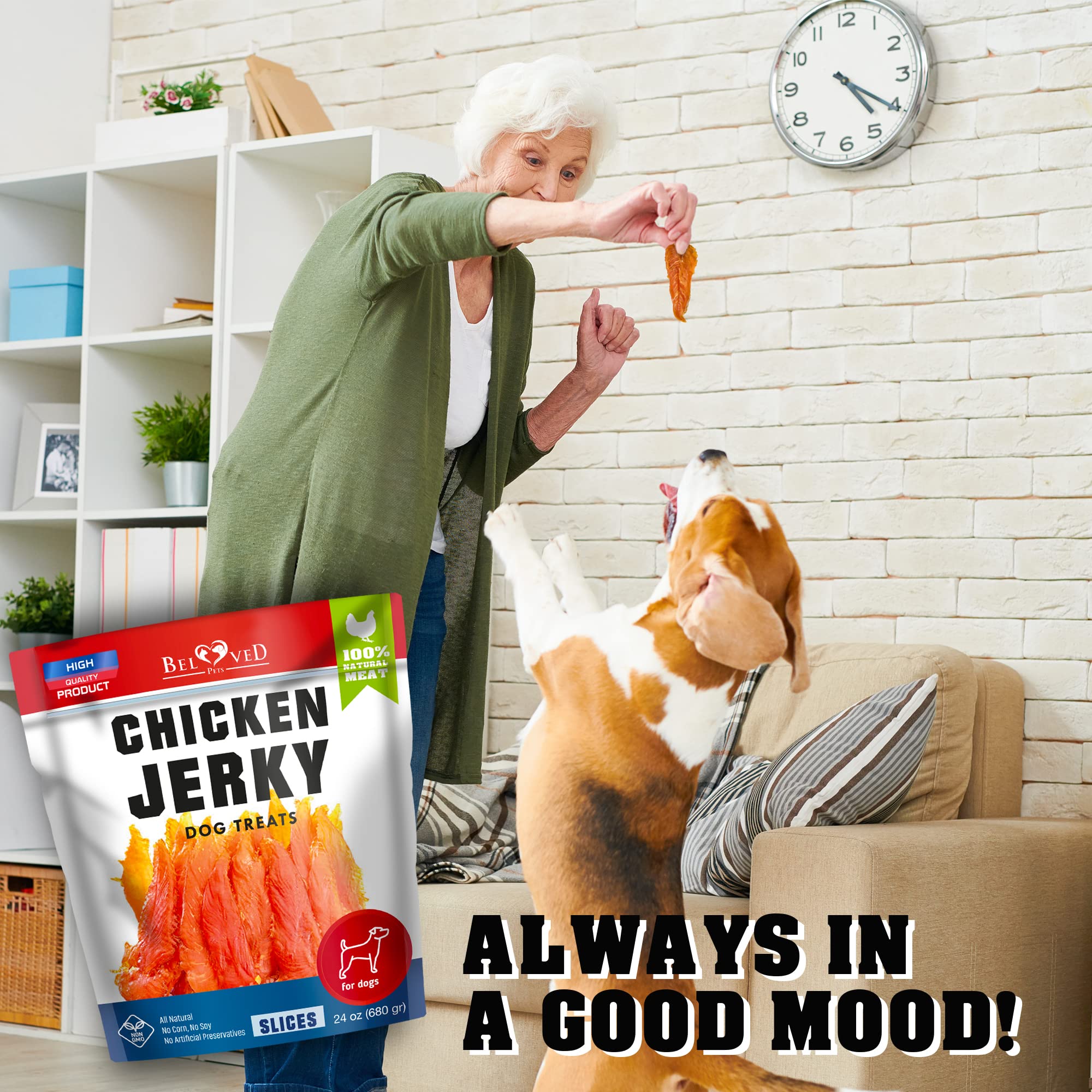 Beloved Pets chicken jerky for all breeds shows bulk packaging and easy sharing.