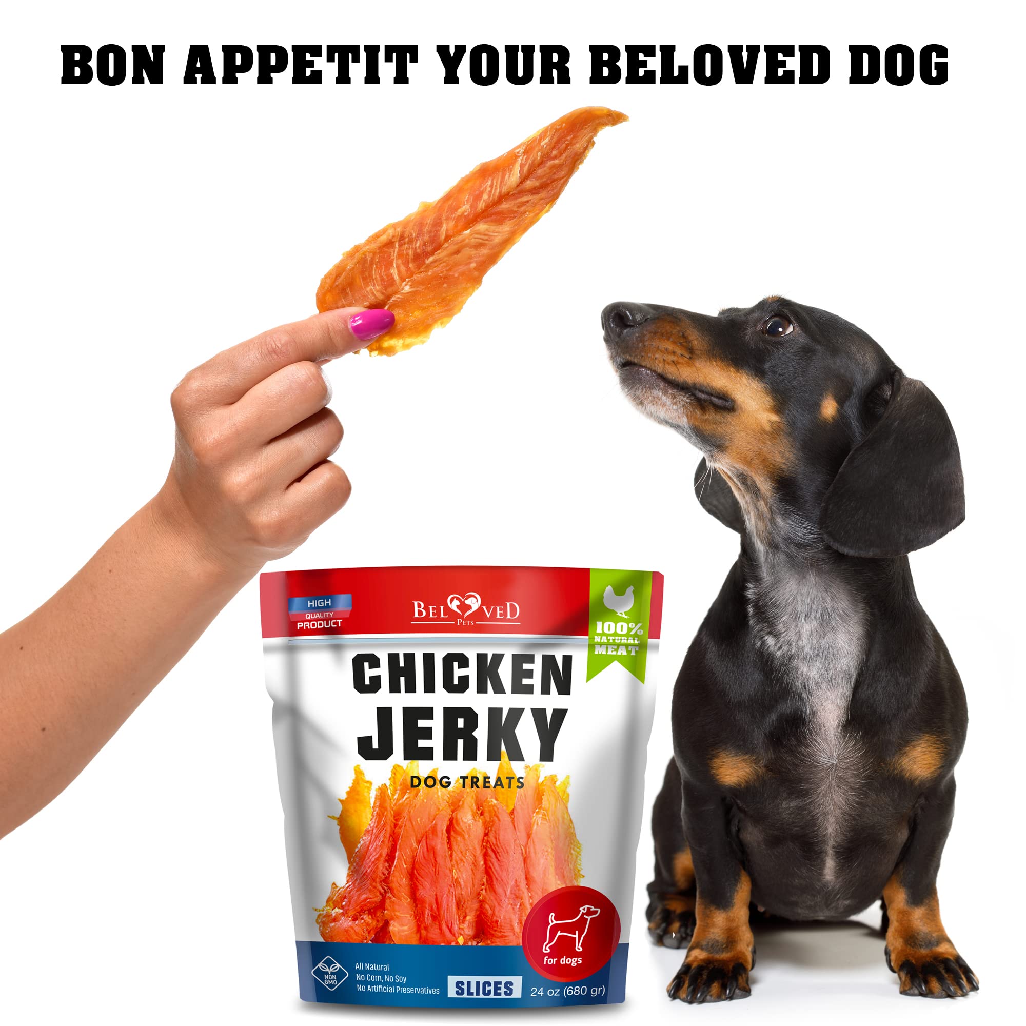 Beloved Pets chicken jerky human-grade bulk pack emphasizes quality and freshness.