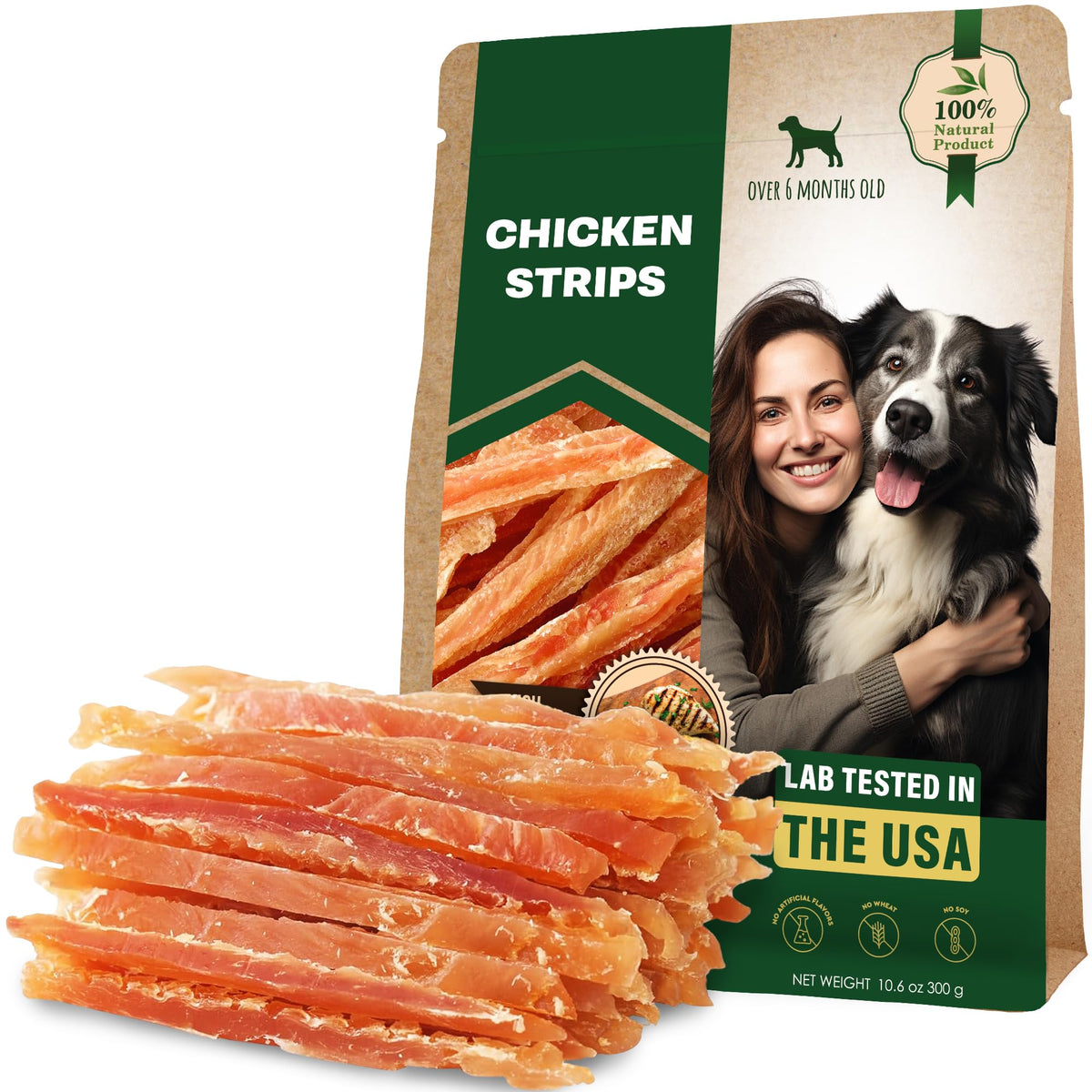 Beloved Pets chicken jerky strips packaging close-up highlighting human-grade ingredients for rewards