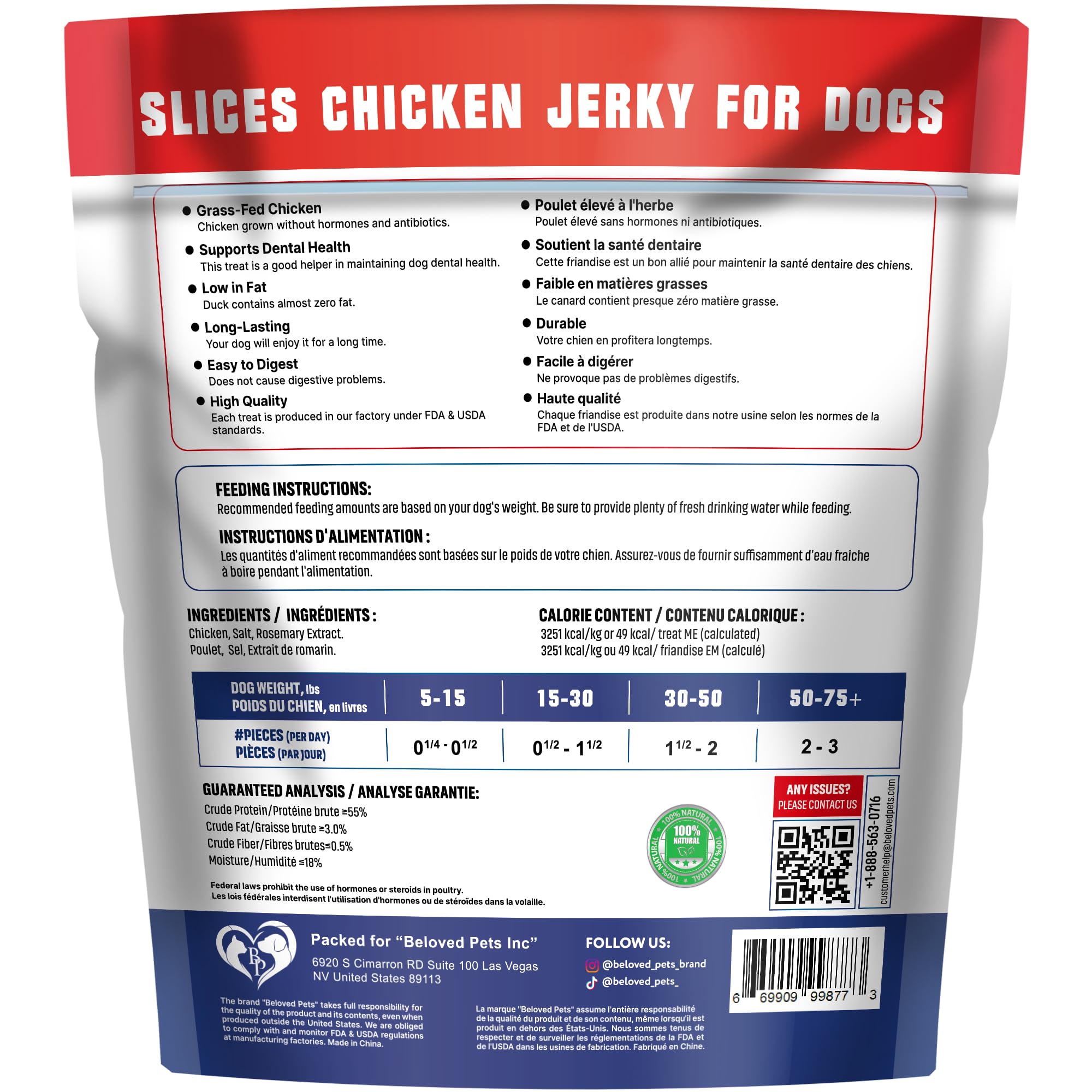 Beloved Pets chicken jerky training snacks highlight protein and bite-sized pieces.
