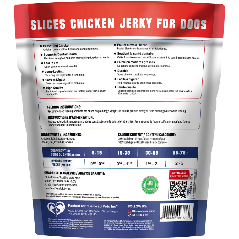 Beloved Pets chicken jerky training snacks highlight protein and bite-sized pieces.