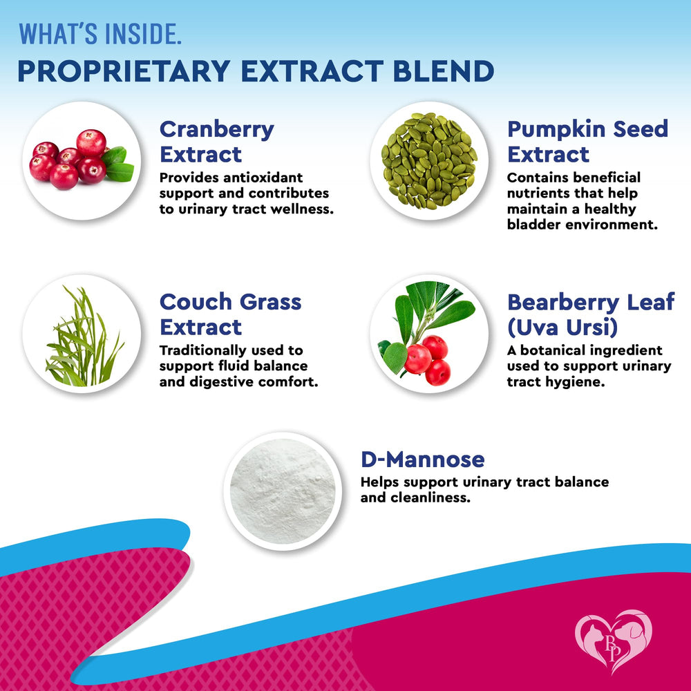 Beloved Pets Cranberry-D-Mannose ingredients emphasize natural urinary support for pets.