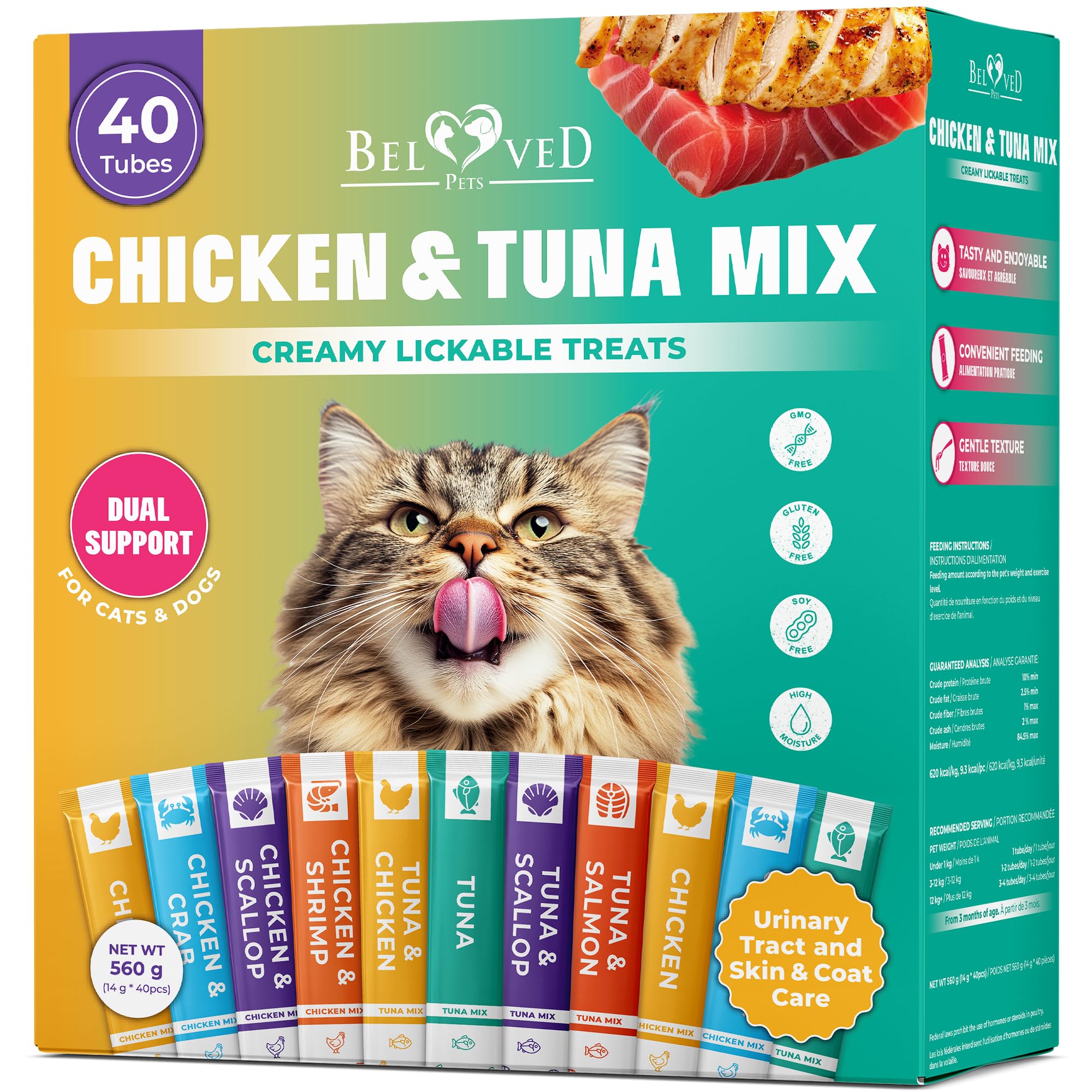 Beloved Pets creamy lickable treat tube offers tuna-chicken flavor for hydration and tasty nutrition.