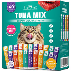 Beloved Pets Creamy Lickable Tuna Mix Tubes offer a tasty lick experience for cats