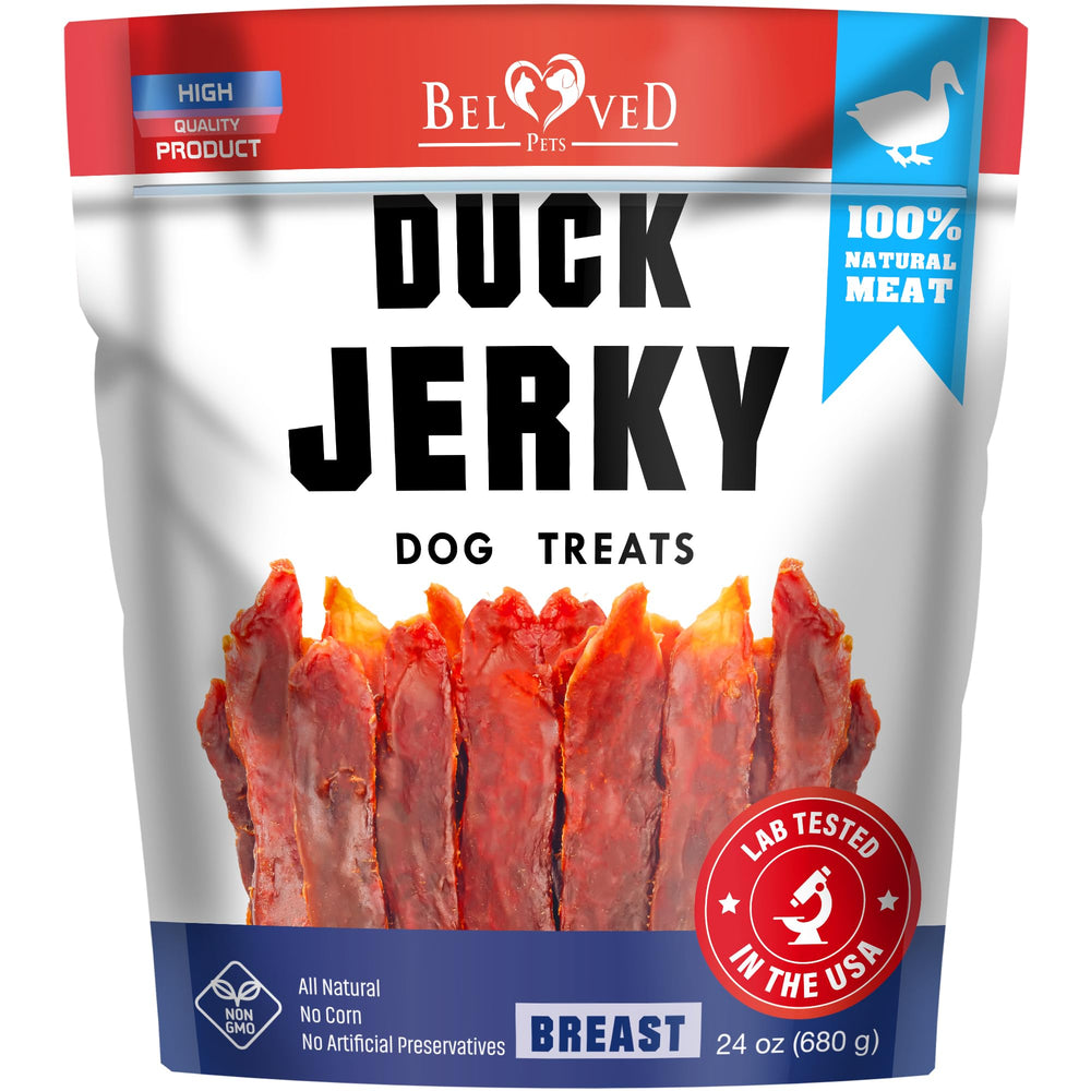 Beloved Pets Duck Jerky bag closeup—grain-free, high-protein treats ideal for training.