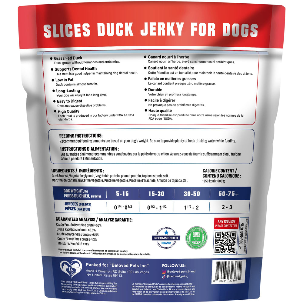 Beloved Pets Duck Jerky pieces training—bite-sized rewards for positive reinforcement.