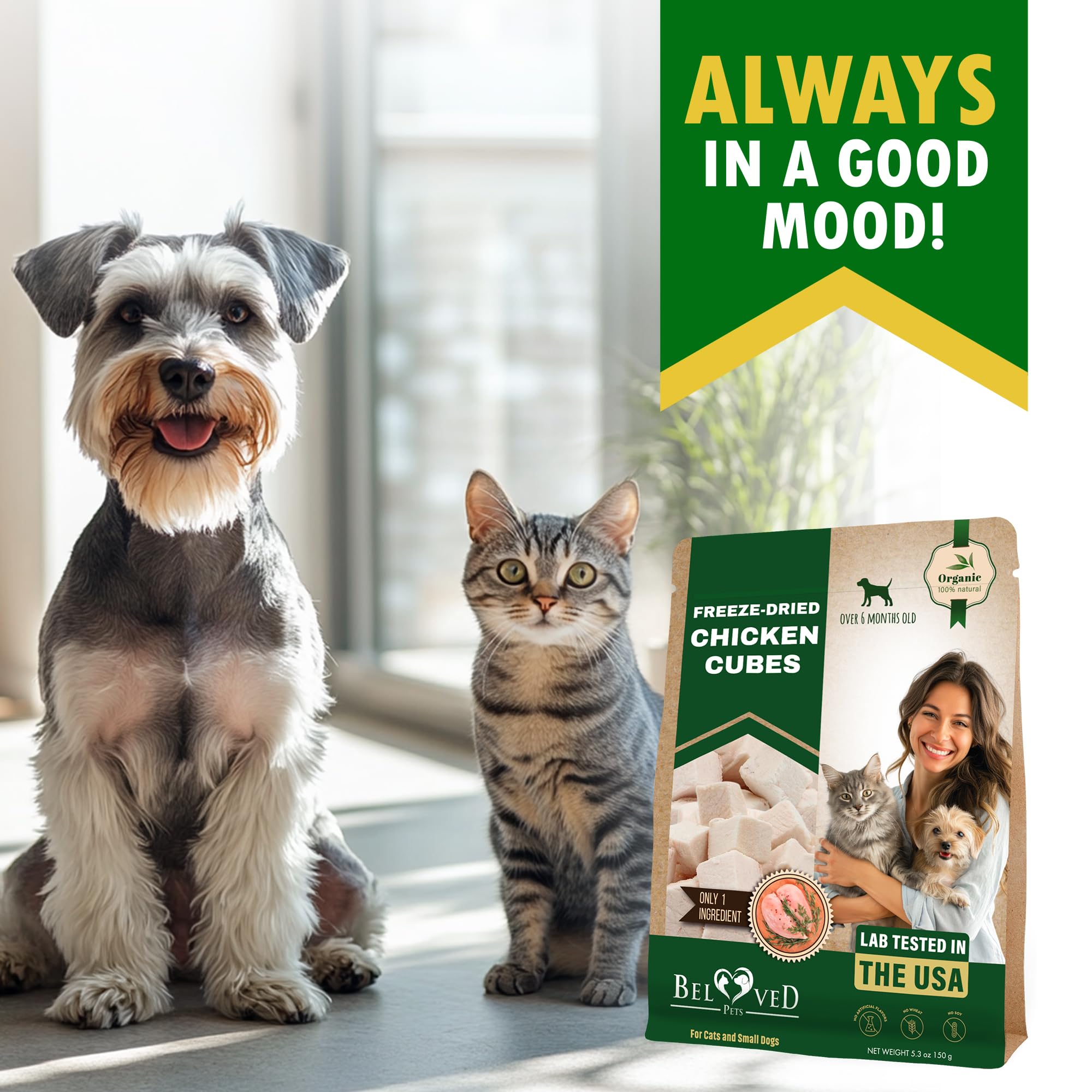 Beloved Pets protein-rich chicken cubes support healthy energy for cats and small dogs.