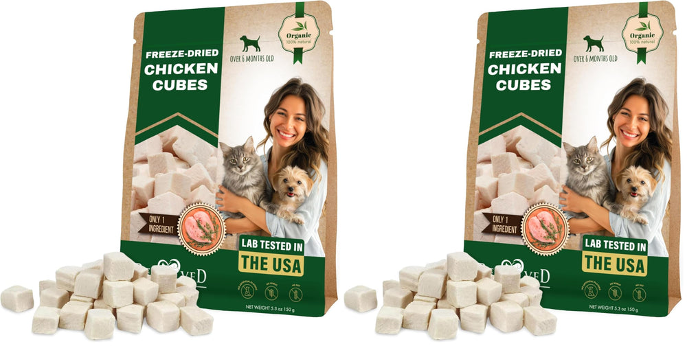 Beloved Pets freeze dried chicken cubes pack front view for high-protein training rewards.