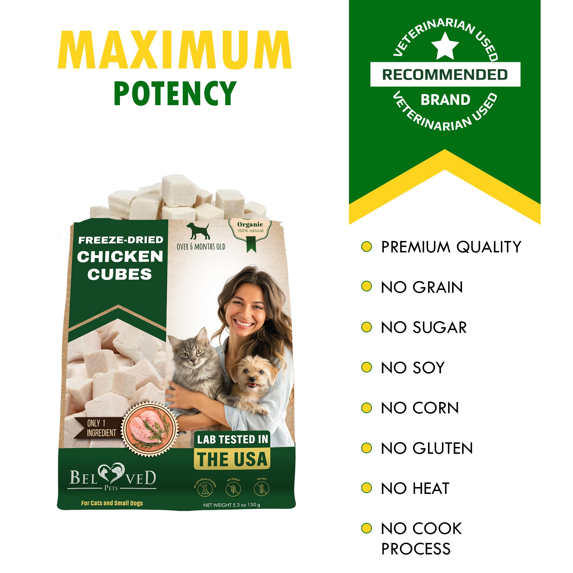Beloved Pets freeze-dried chicken cubes with pets enjoying training session.
