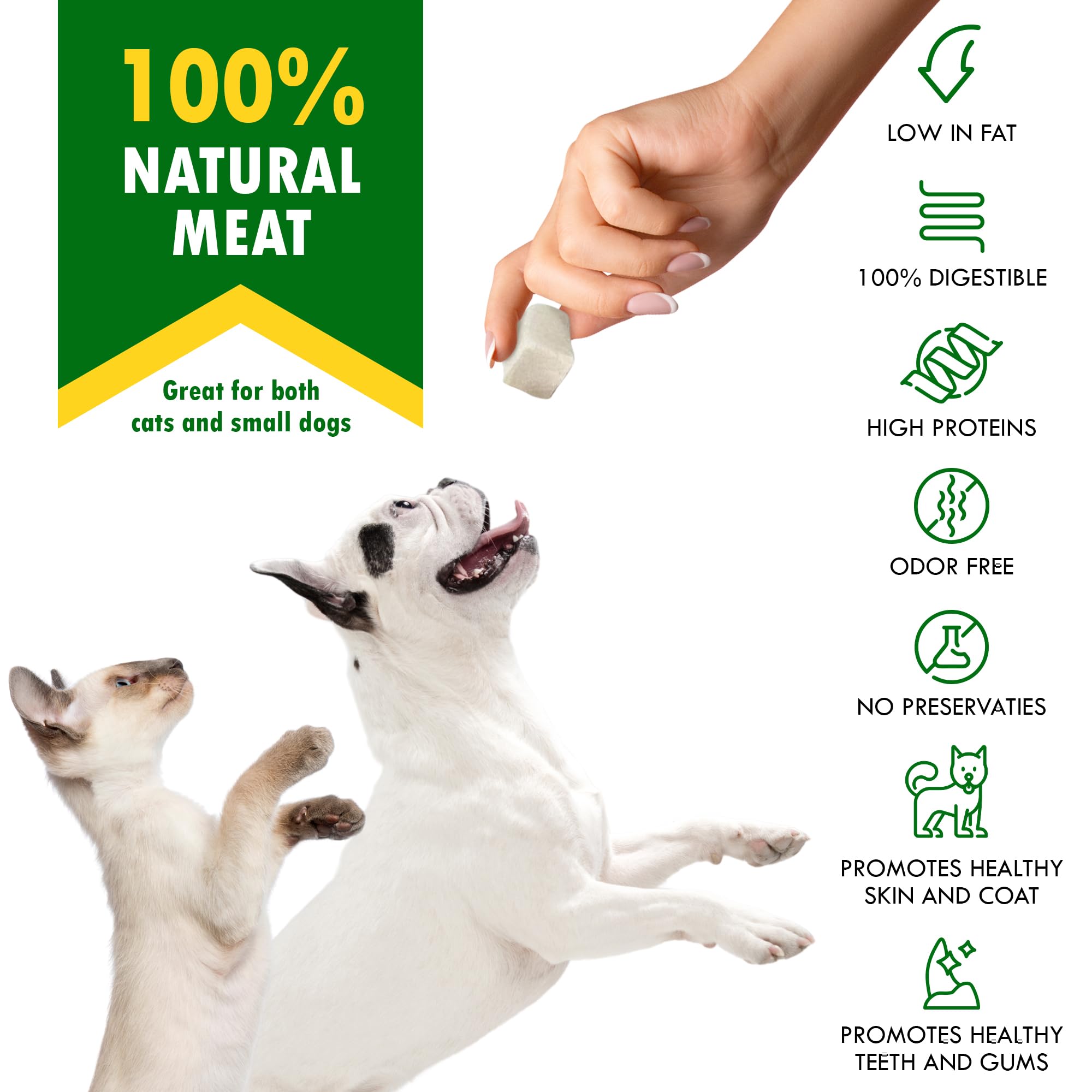 Beloved Pets freeze-dried chicken cubes on a serving tray ideal for training rewards.