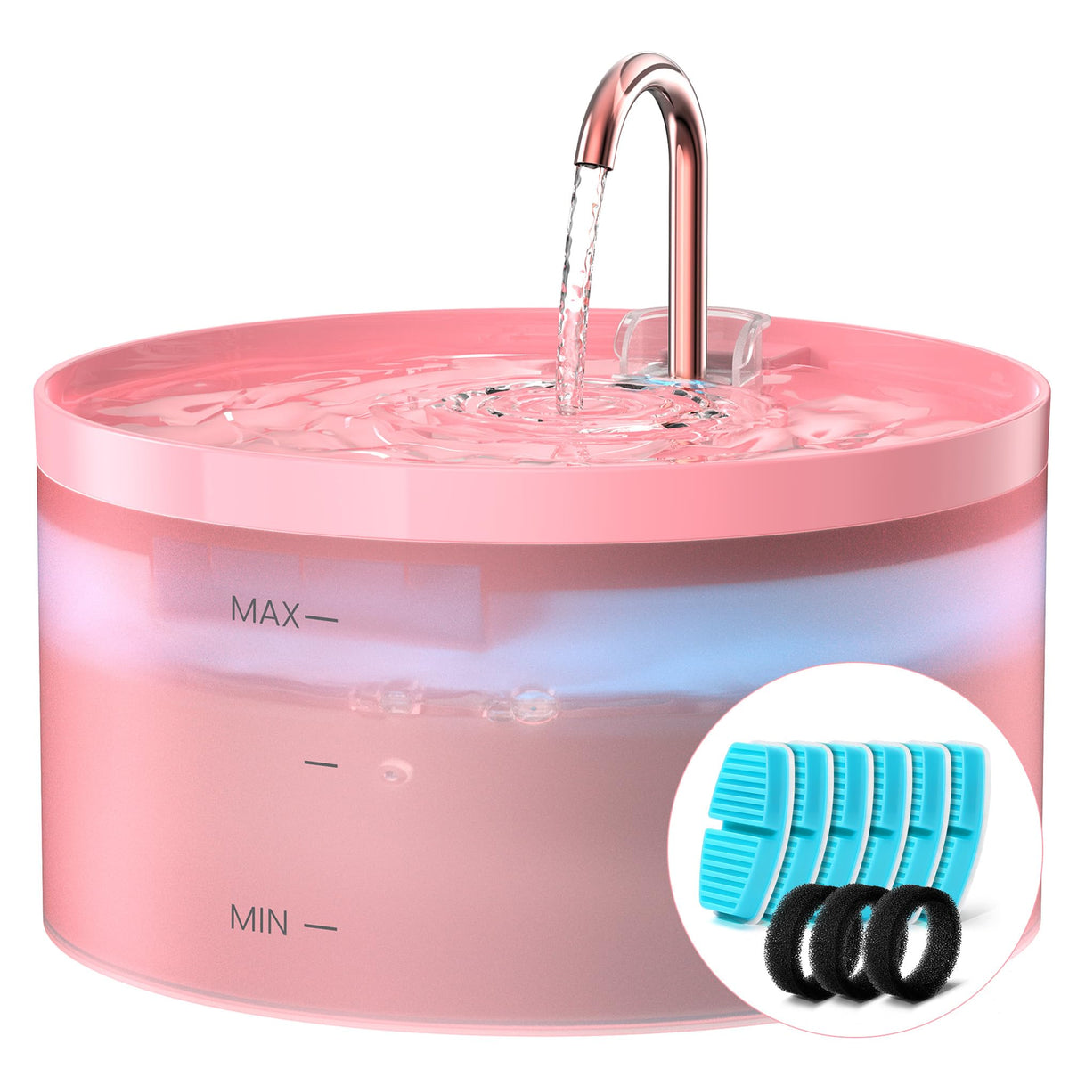 BEMOONY pink cat water fountain front view with faucet spout to attract cats to drink