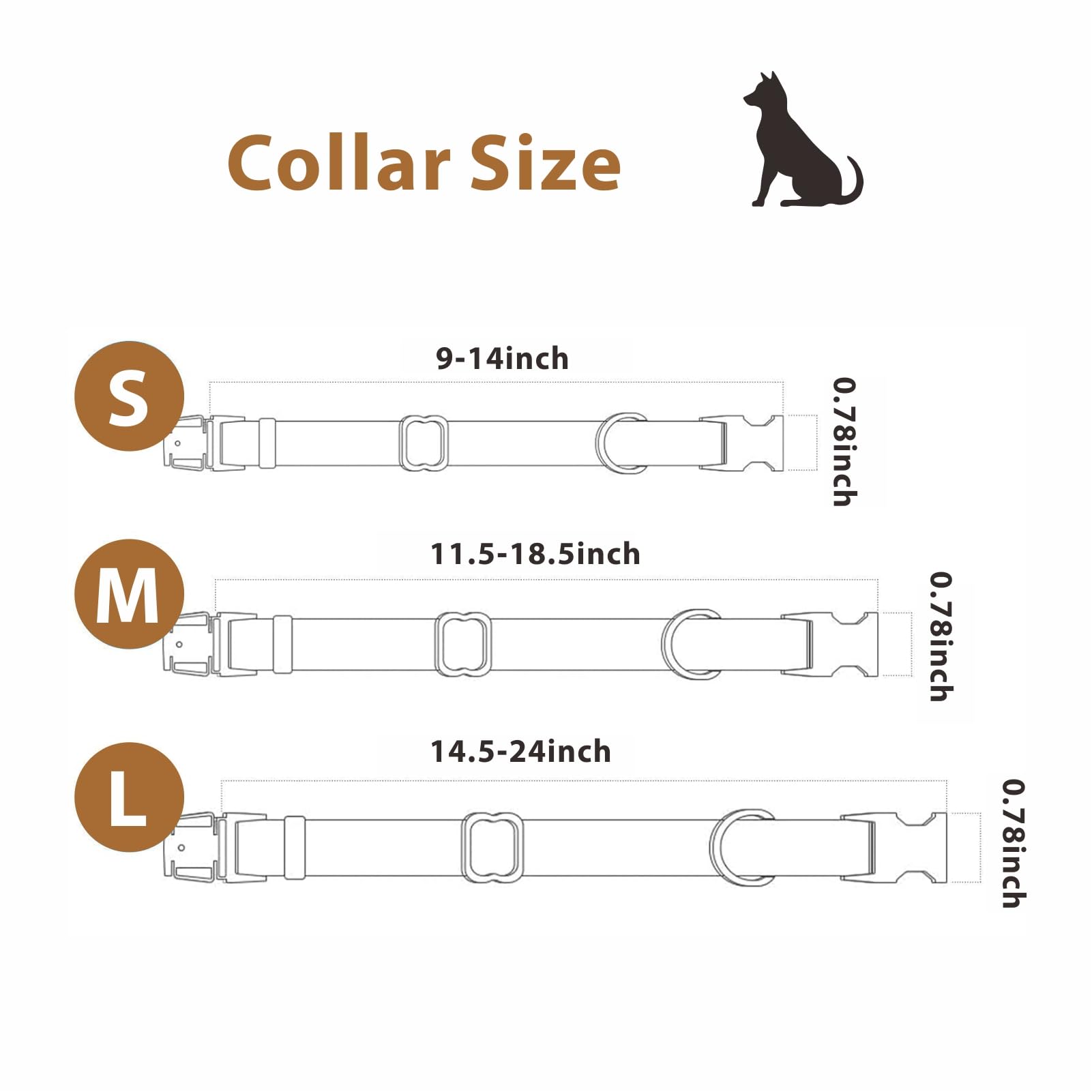 Ben & Fellows adjustable green collar shows three fit options for puppies to large dogs.
