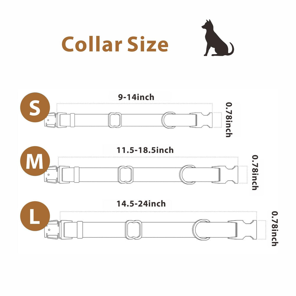 Ben & Fellows adjustable green collar shows three fit options for puppies to large dogs.