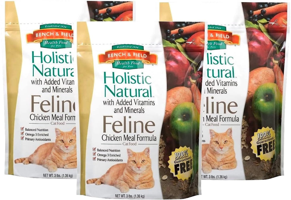 Bench & Field holistic cat food three-pack bag front—premium nutrition for adult cats.