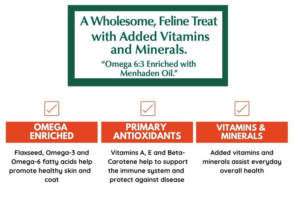 Bench & Field Holistic cat treats nutrition label highlights vitamins and antioxidants for wellness.