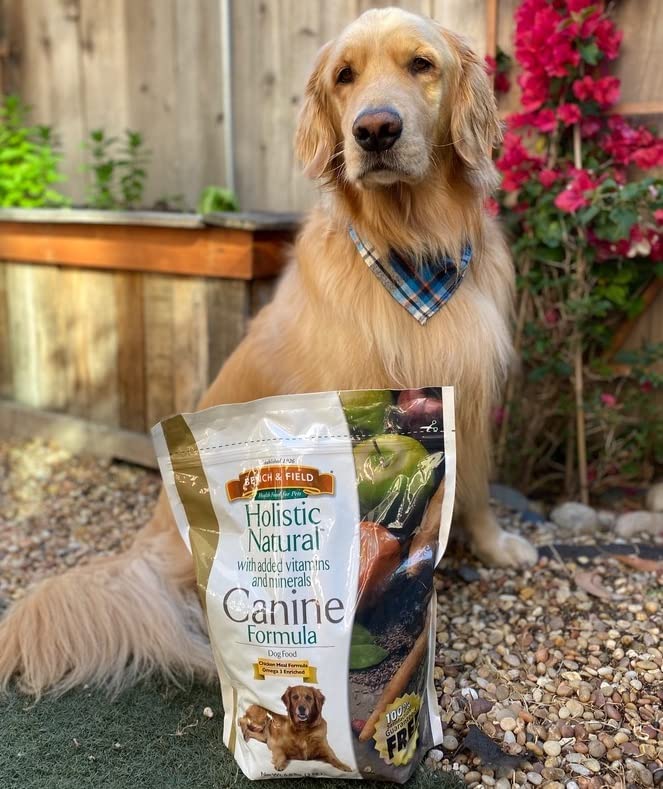 Bench & Field Holistic Natural dog food fruits-vegetables greens show carrots, cranberries, blueberries for nutrition.