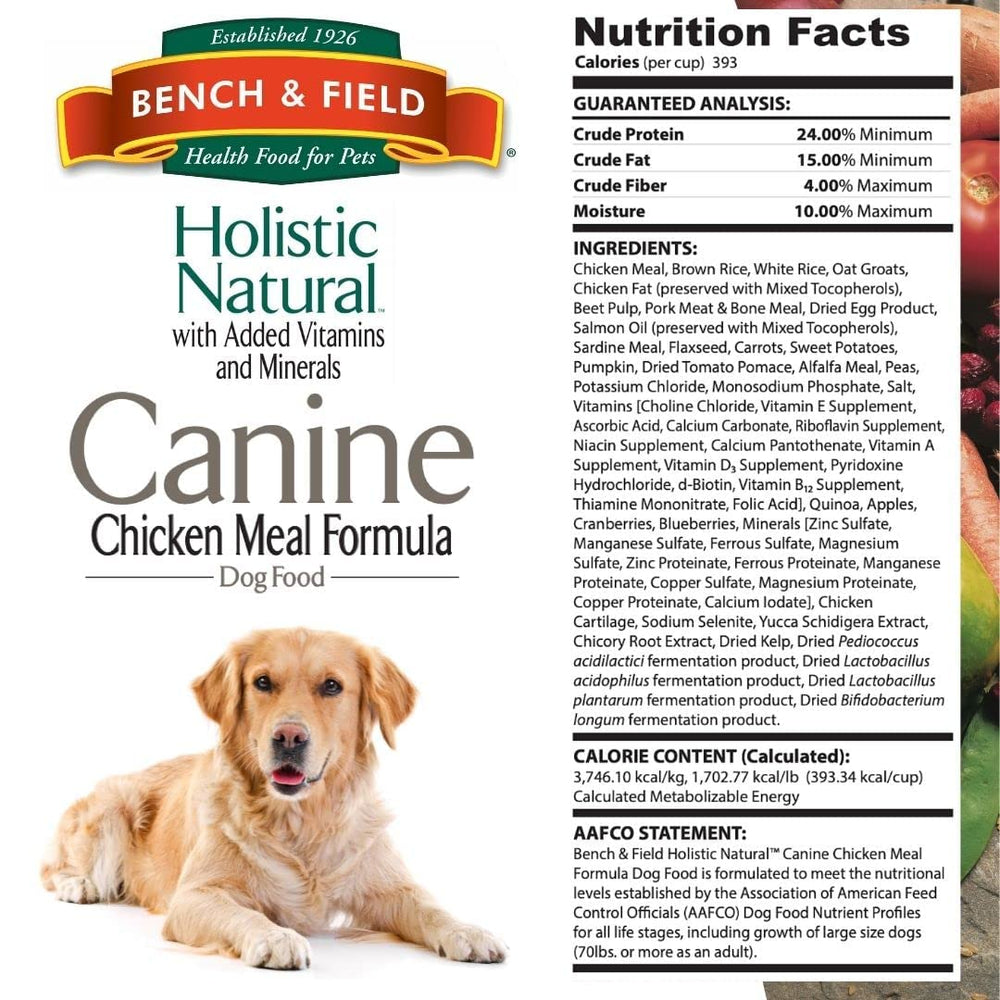 Bench & Field Holistic Natural dog food vitamins-ae-beta-carotene provide antioxidants for everyday vitality.
