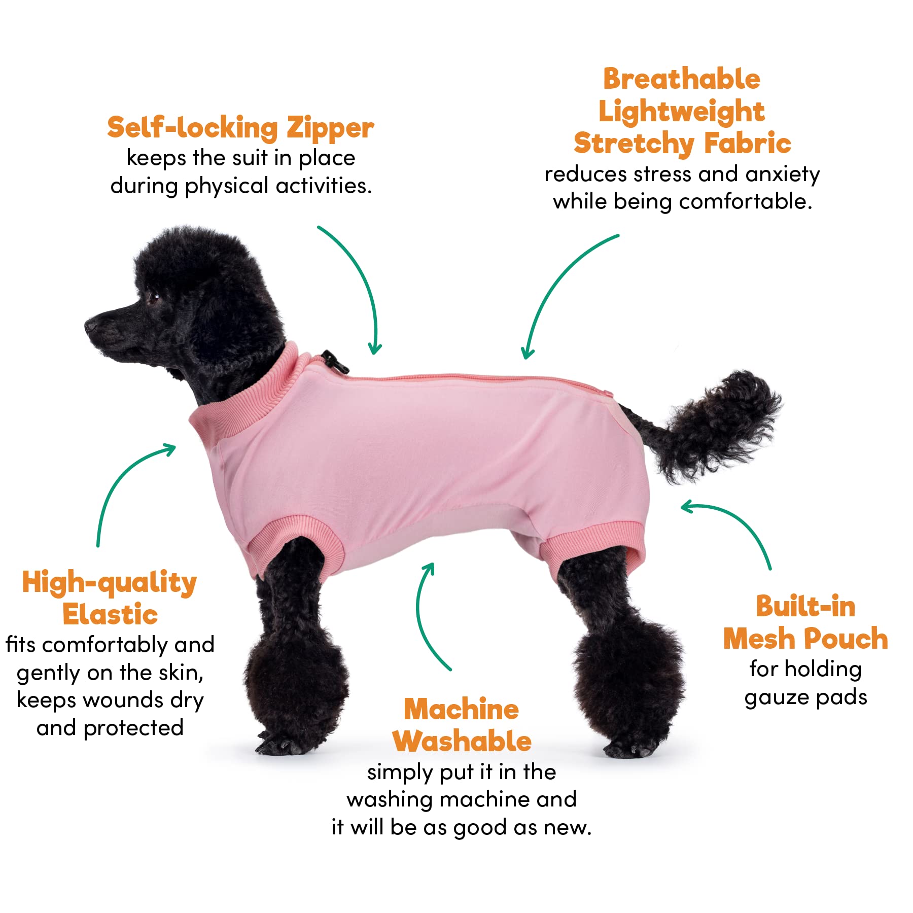 BENCMATE dog recovery suit pink back view, secure elastic openings for easy dressing