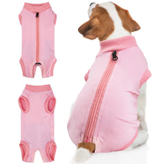 BENCMATE dog recovery suit pink front view, soft breathable fabric for comfortable wear