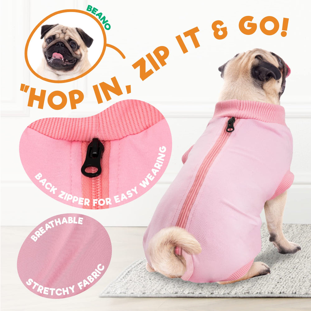 BENCMATE dog recovery suit pink on-dog, supports post-surgery activity while protecting wounds