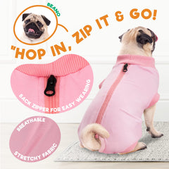 BENCMATE dog recovery suit pink on-dog, supports post-surgery activity while protecting wounds