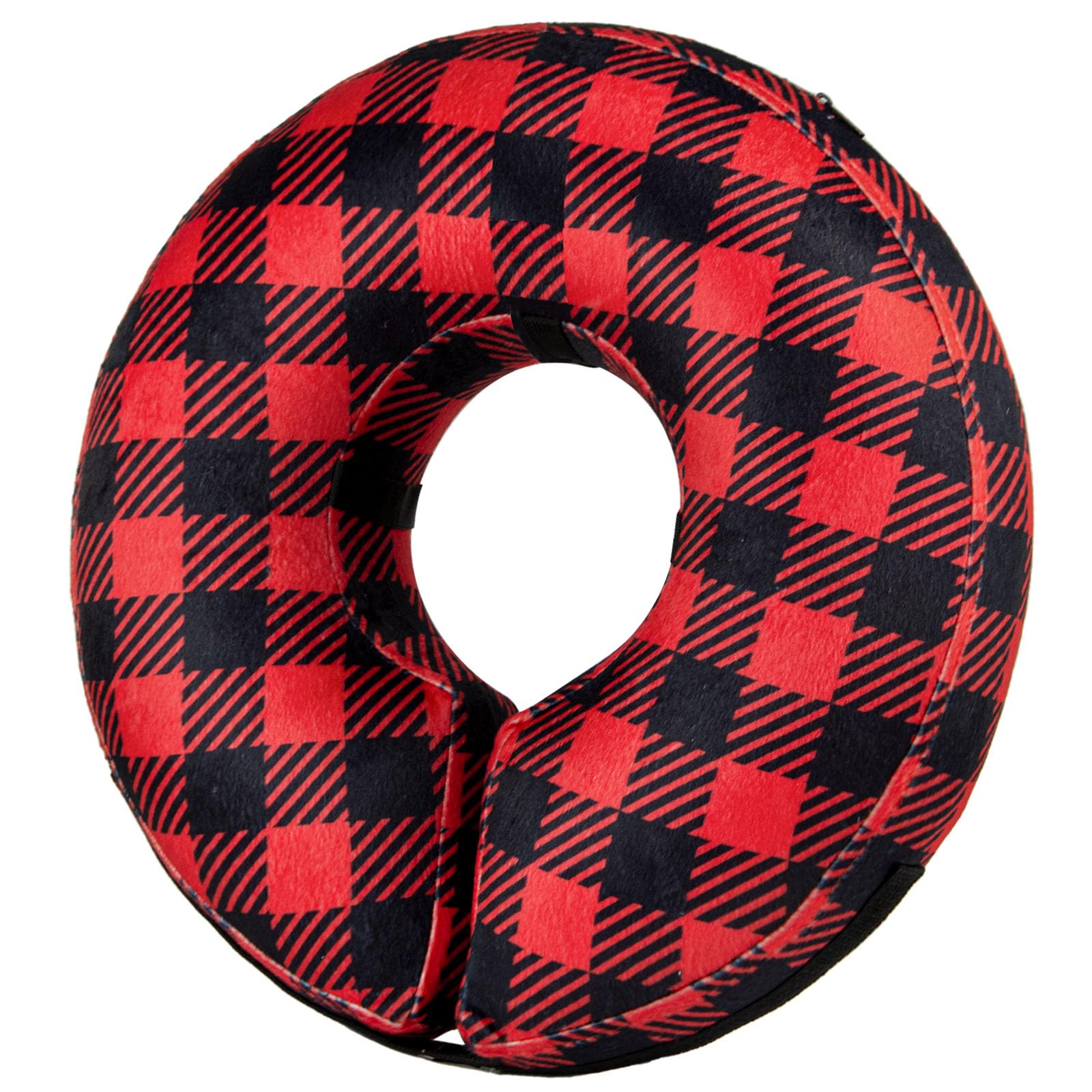 BENCMATE inflatable donut cone, large plaid, side view for comfortable recovery