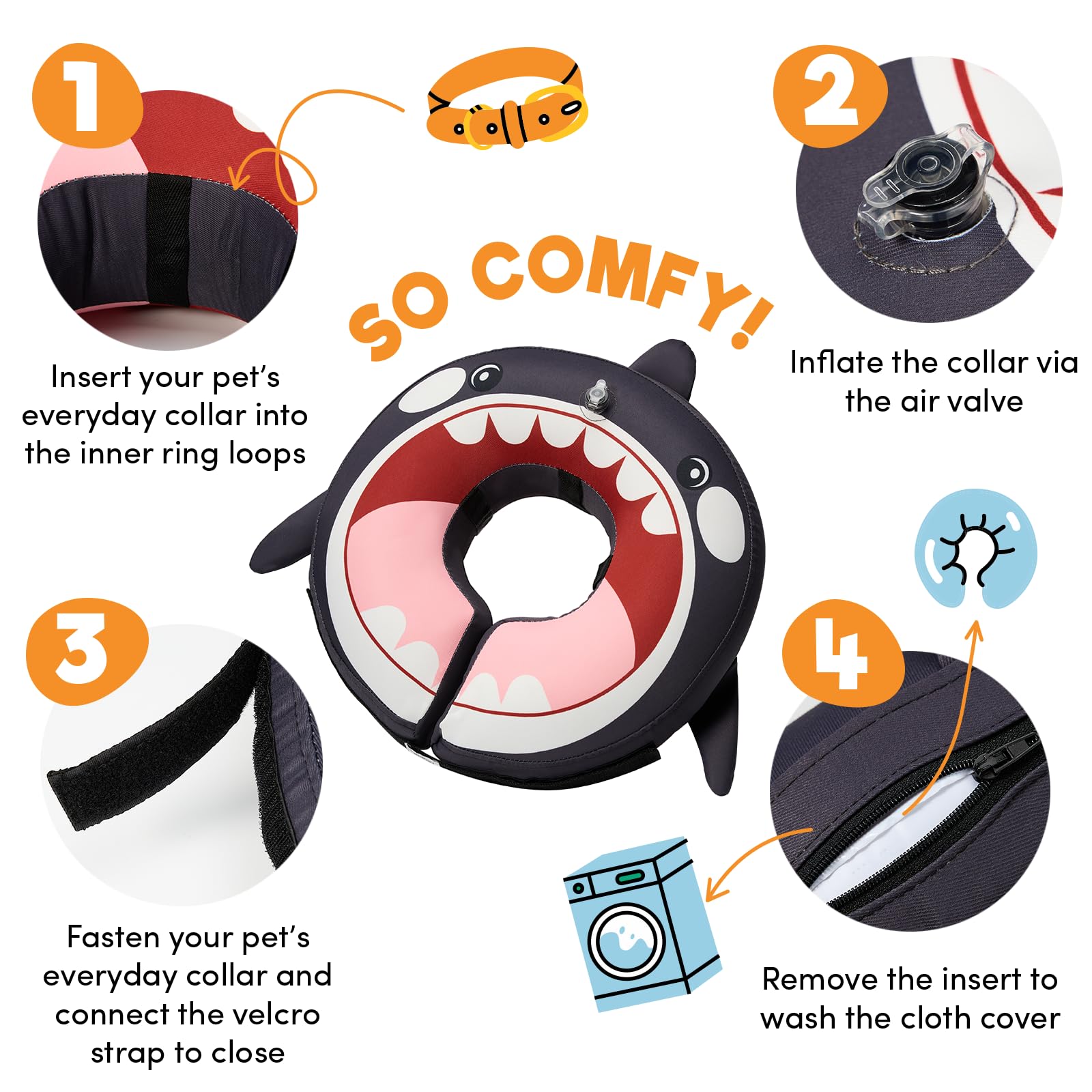 BENCMATE inflatable dog cone Orca Medium, side view showing flexible protection from licking