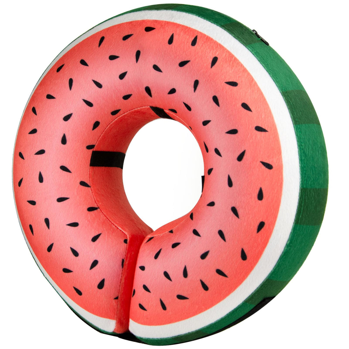 BENCMATE inflatable dog cone Watermelon donut from side protects wounds while keeping sight lines open.